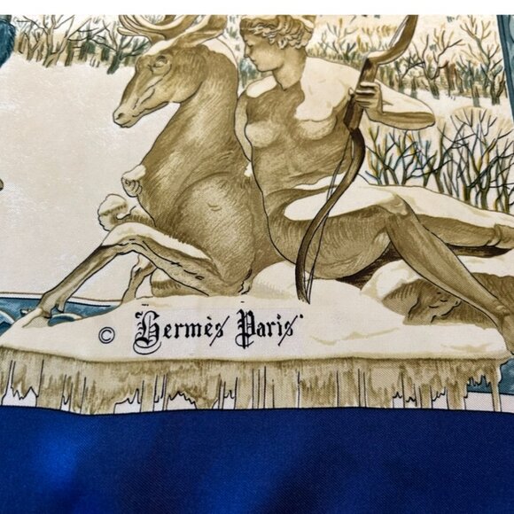 Vintage Hermes "L' Hiver" Silk Scarf with Blue Border Winter Snow - Picture 6 of 13